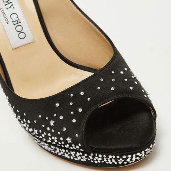 $1385 JIMMY CHOO “THE DALI Swarovski Jewel Platform Satin Peep Heels 37.5 NWT - Picture 9 of 16